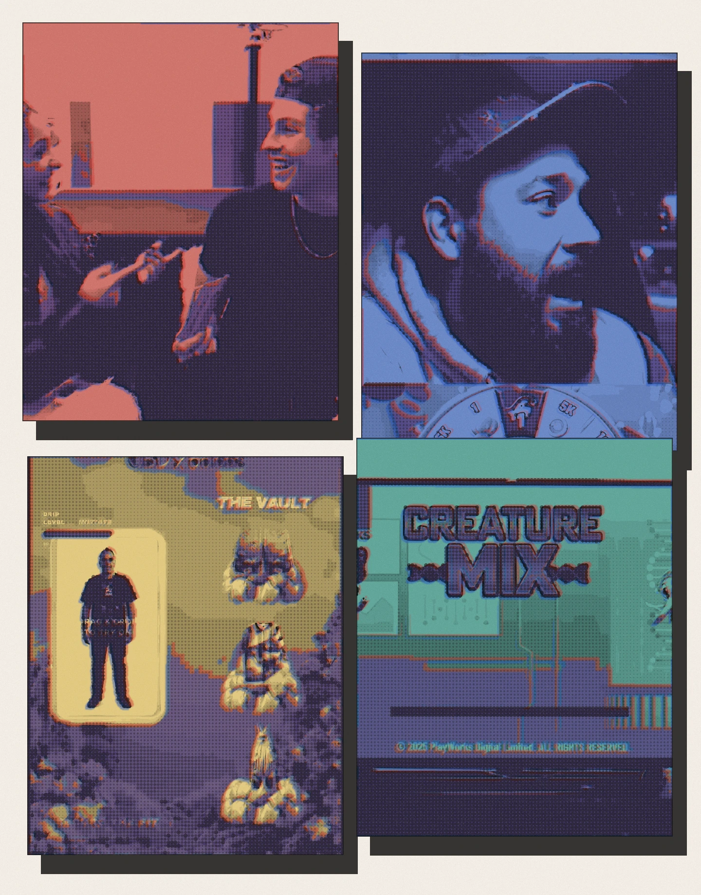 Screenprint-style collage of four selected video stills from Amit Adar's portfolio
